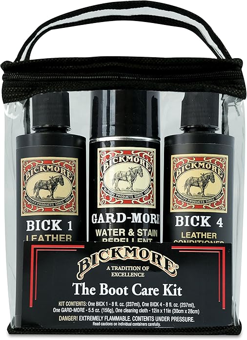 Leather Boot Care Kit - Bick 1 Cleaner, Bick 4 Conditioner, Gard-More Water Repellent Spray & Cloth - Made in USA - Shoe Care Set for Cowboy Boots, Work Boots, Furniture, Bags, Purses, Jackets, & Tack