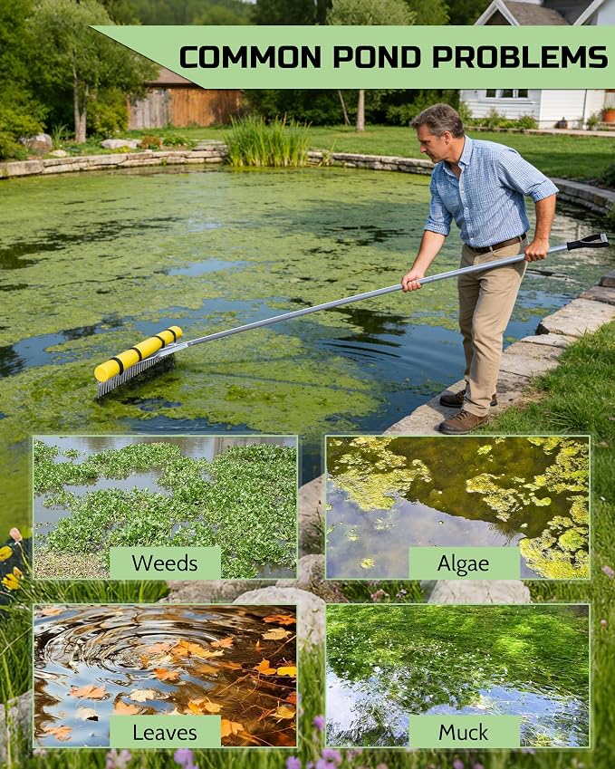 Pond Rake, 36" Floating Rake with 8.5ft (102in) Extension Handle & 20ft Rope, Aluminum Aquatic Weed Rake for Lake, Heavy Duty Landscape Rake for Algae, Muck & Debris Removal, 2-in-1 Water & Land Tool
