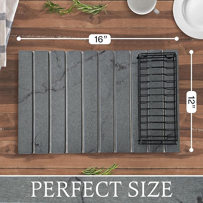 Stone Drying Mat + Foldable Black Metal Dish Rack – Complete 2-Tier Kitchen Drying System – Ultra Absorbent Dark Gray Mat for Plates, Glasses & Cutlery – Modern & Hygienic Counter Organizer - 24"x16"