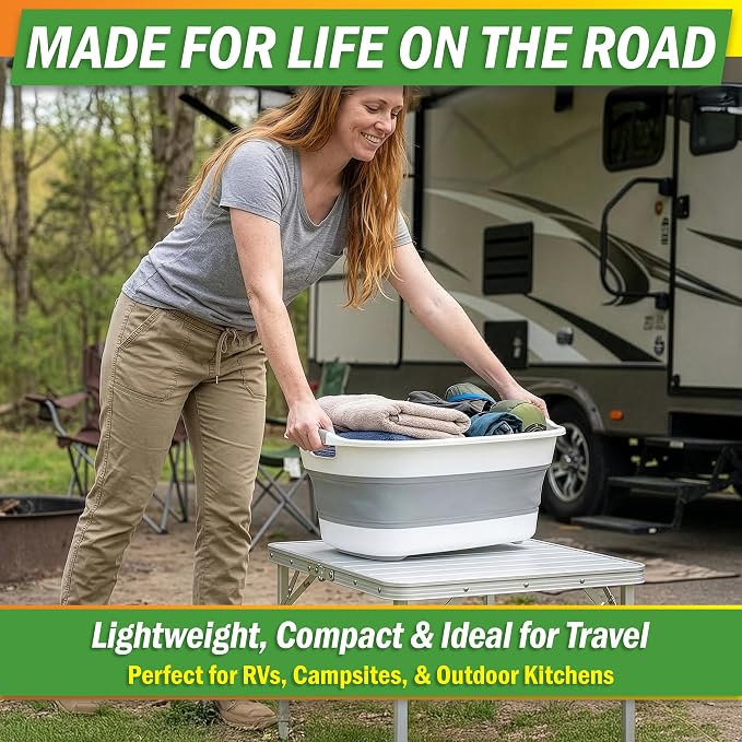 Collapsible Wash Basin - 20L Portable Sink with Drain Plug - Foldable Plastic Tub Dish Pan for Camping Gear, Handwashing Laundry, Vegetables, Dishes, Bottles, or RV Dishpan by Wakeman Outdoors (Gray)