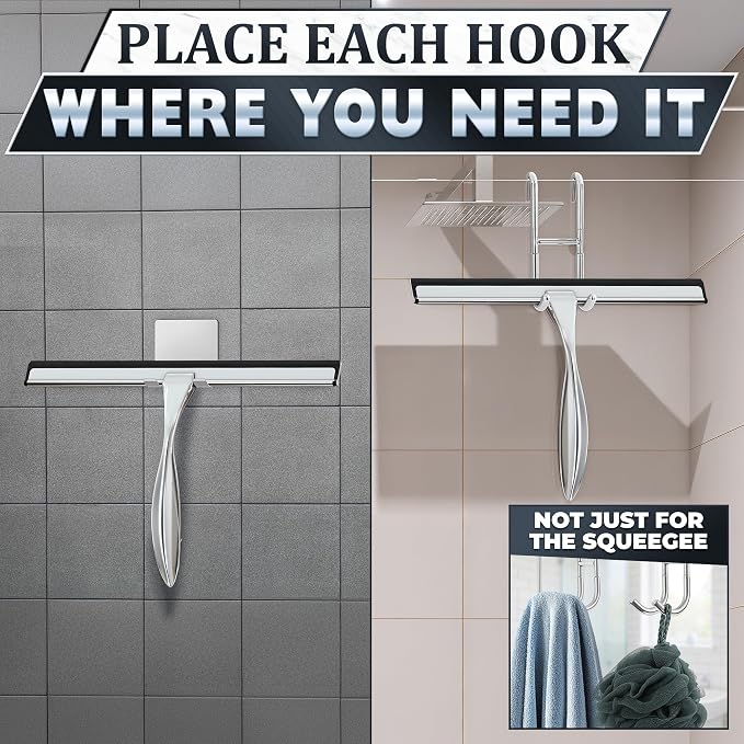 Shower Door Squeegee with Hook - 10" Silicone Blade, Stainless Steel Squeegee for Shower Glass with Adhesive Mount - All-Purpose Bathroom Tile, Mirror, & Window Wiper for Streak-Free Cleaning (Silver)