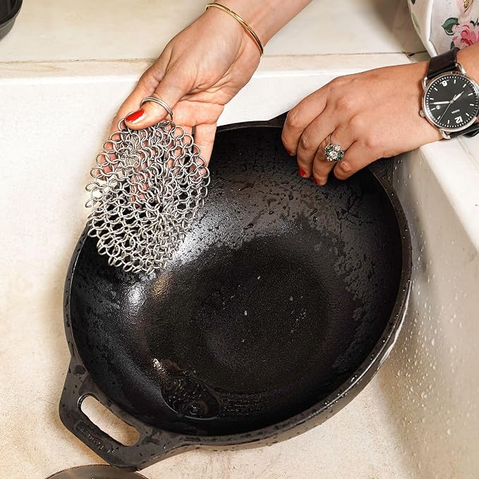 Mythrojan Cast Iron Scrubber 3 Pack Skillet Cleaner 316L Stainless Steel Chainmail Scrubber Scraper for Cast Iron Pre-Seasoned Pans, BBQ Grills, Pot Cookware Cleaning