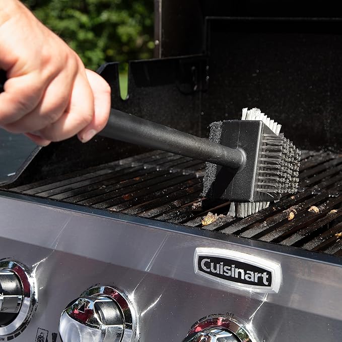 Cuisinart CCB-4125 4-in-1 Grill Cleaning Brush with Stainless Steel Wire Bristles - Scour Pad - Grill Scraper - 13" Handle Length