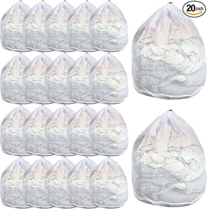 20 Pcs Mesh Laundry Bags Bulk with Drawstring 20 x 24'' White Heavy Duty Mesh Bag Machine Washable Sturdy Large Net Laundry Wash Bag for Dormitory College Apartment Travelling Camping