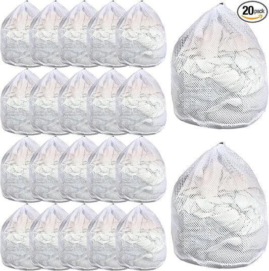 20 Pcs Mesh Laundry Bags Bulk with Drawstring 20 x 24'' White Heavy Duty Mesh Bag Machine Washable Sturdy Large Net Laundry Wash Bag for Dormitory College Apartment Travelling Camping