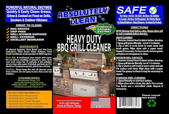 Absolutely Clean IT JUST WORKS GREAT as Grill Cleaner Spray! - Professional Strength, Natural Enzyme Formula - Fast Acting, Fume Free - USA Made (16oz Spray Bottle)