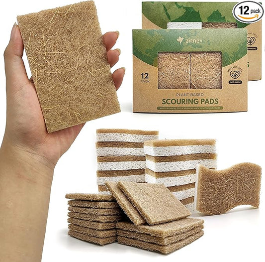 AIRNEX Pack of 12 Non Scratch Scouring Pads for Pots and Pans with Pack of 12 S-Shape Odor Free Natural Kitchen Sponges