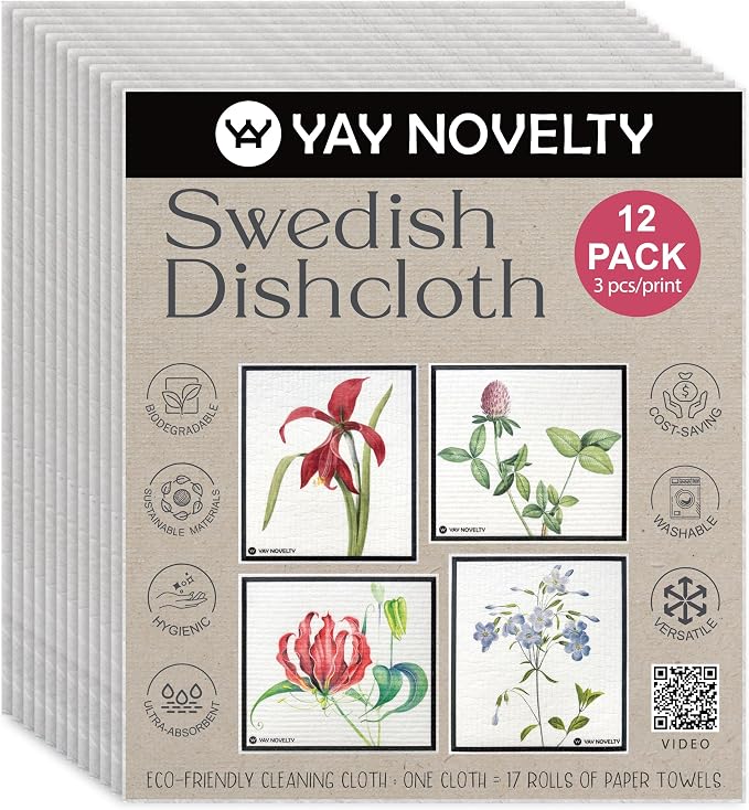 Swedish Dishcloths - 12 Pack | Made in Germany | Ultra-Absorbent, Reusable Cellulose Sponge Cloths for Kitchen | No-Odor, Eco-Friendly Cleaning Wipes | Water-Based Ink | Bloom Aura