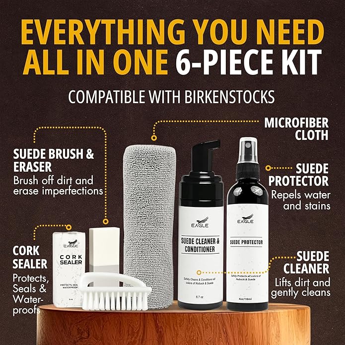 Eagle Sandal & Clog Care Kit – Compatible with Birkenstock – Suede Cleaner & Conditioner, Protector, Cork Renew, Brush, Eraser & Microfiber Cloth – 6-Piece Complete Shoe Cleaning Set