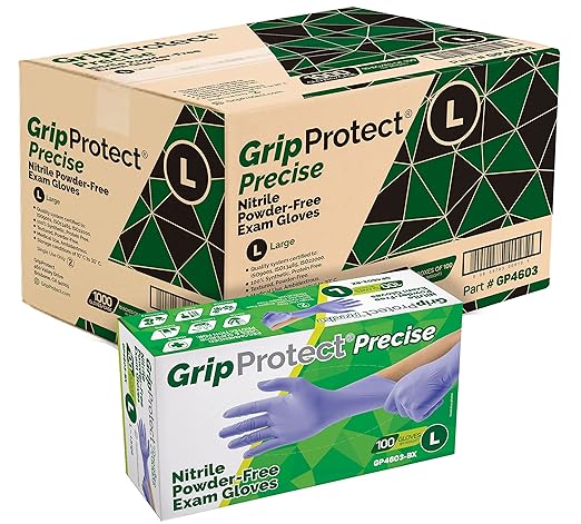 GripProtect Precise Nitrile Gloves 4 Mil – Chemical Resistant Nitrile Gloves for Mechanics, Tattoos, Food Prep & Cleaning - Medical Grade Disposable Gloves, Large Bulk Case of 1000