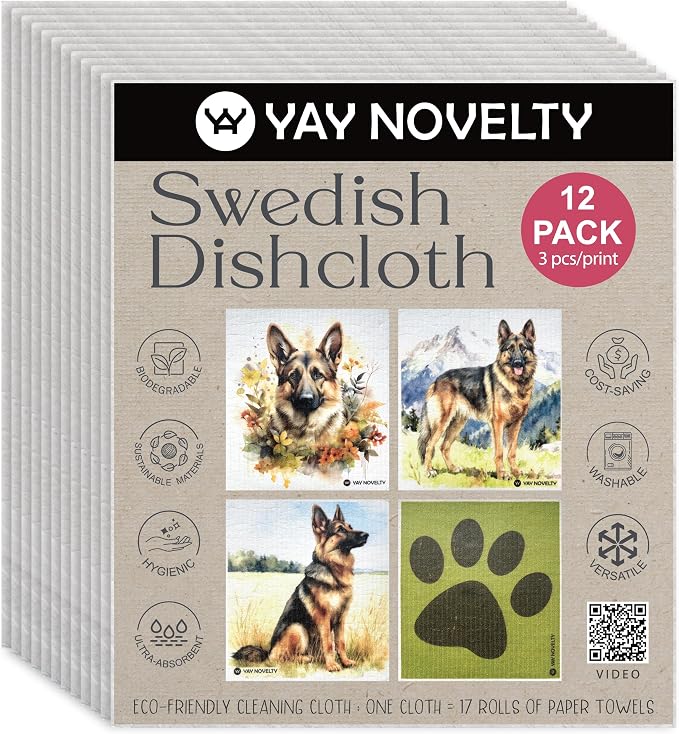 Swedish Dishcloths - 12 Pack | Made in Germany | Ultra-Absorbent, Reusable Cellulose Sponge Cloths for Kitchen | No-Odor, Eco-Friendly Cleaning Wipes | Water-Based Ink | German Shepherd