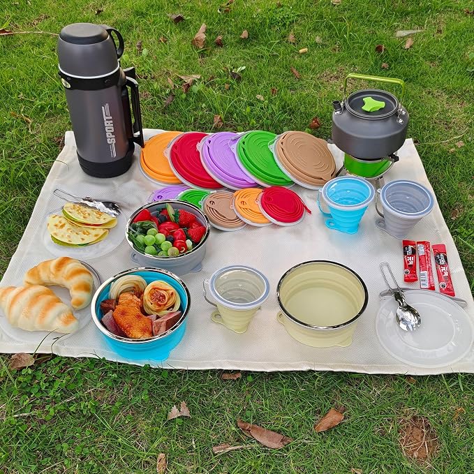 Mess Kit for Camping Silicone Collapsible Bowl Collapsible Cup and Stainless Steel Spoon for Backpacking Outdoor Hiking Traveling and Picnic - 2 Pack