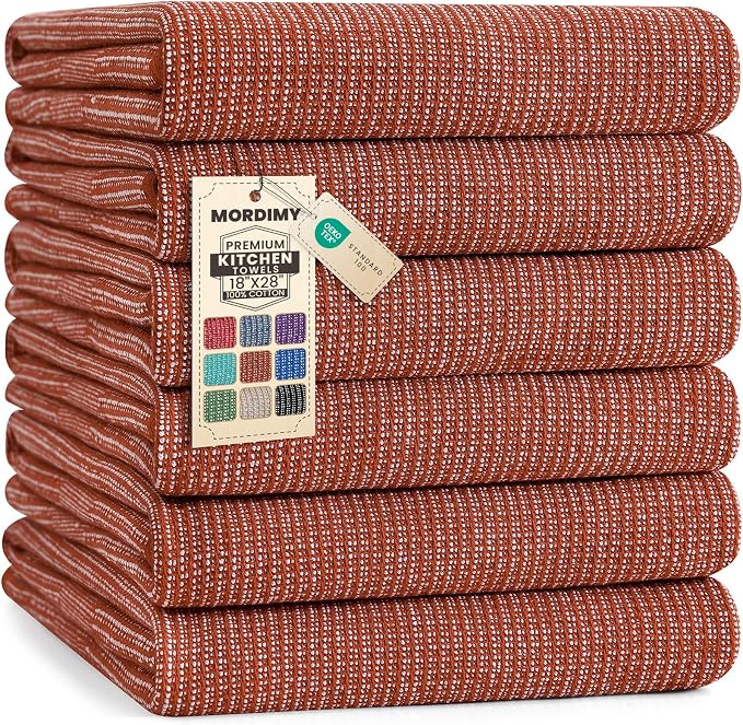 Mordimy Premium Kitchen Towels 6 Pack (18 x 28 Inches, Rust), Large Cotton Kitchen Hand Towel, Flat & Terry Dish Towels for Drying Dishes, Super Absorbent Tea Dishtowels Set with Hanging Loop