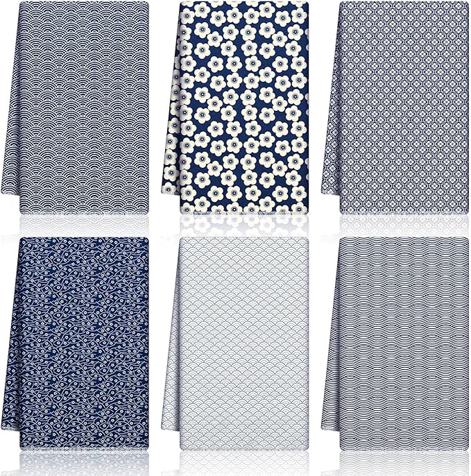6 Pack Japanese Kitchen Tea Towels 18 x 30 Inch Blue Tenugui Traditional Towel Quick Dry Microfiber Dish Towels Modern Geometric Checkered Floral Hand Towel Home Decor Housewarming Gift for Women Men