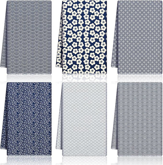6 Pack Japanese Kitchen Tea Towels 18 x 30 Inch Blue Tenugui Traditional Towel Quick Dry Microfiber Dish Towels Modern Geometric Checkered Floral Hand Towel Home Decor Housewarming Gift for Women Men