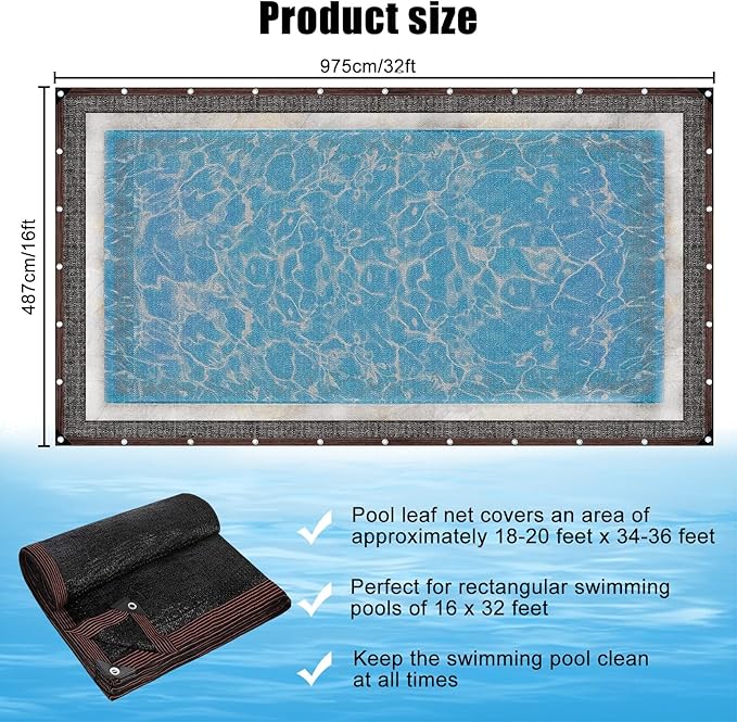 16 x 32FT Pool Leaf Net Cover- Leaf Netting for Inground and Above Ground Rectangle Swimming Pools Fine Mesh Pool Screen Cover,Winter Above Ground Pool Screen Cover, Catching Leaves, Sunshade