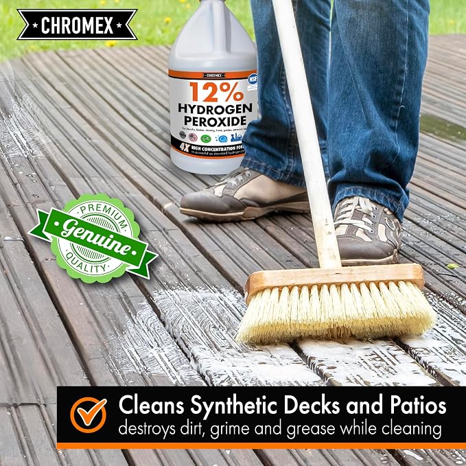 Chromex Hydrogen Peroxide 12 Percent Food Grade, 4x Power Concentrated Solution, 4 Gallons Dilute to 16 Gallons, Versatile Uses include Topical Care, Home, Kitchen, Bath Cleaner, NSF Certified