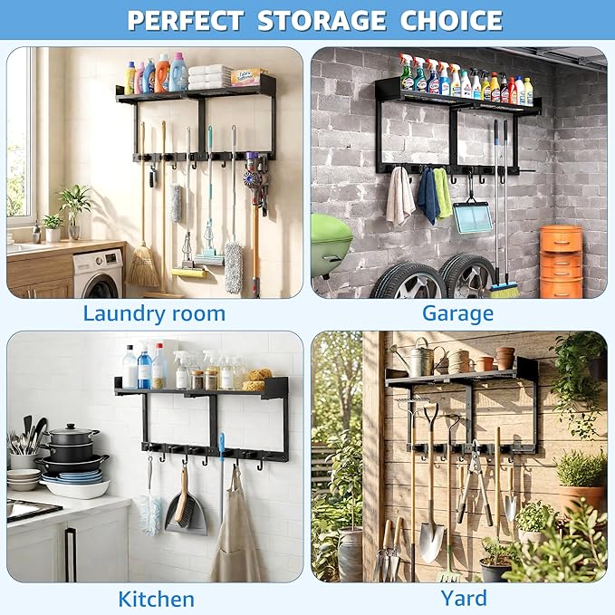 HUFAND Broom Holder Wall Mount, 27" Large Mop and Broom Organizer Wall Hanging with Top Storage Shelf & Vacuum Hook, Heavy Duty Iron Utility Rack for Laundry Room, Garage, Kitchen, Garden - Black