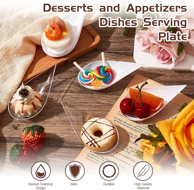 Tessco for you 200 Pcs 4" Tear Drop Appetizer Spoons Mini Appetizer Plates Reusable Tasting Spoons Plates Catering Supplies Disposable for Serving Small Desserts Cakes Bowls (White,Clear)