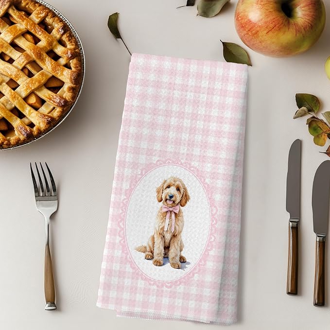 Coquette Pink Bow Goldendoodle Dog Kitchen Hand Towels for Bathroom, Golden Doodle Gifts Women, Coquette Pink Goldendoodle Dog Girly Bathroom Kitchen Decor, 16x24 Inches