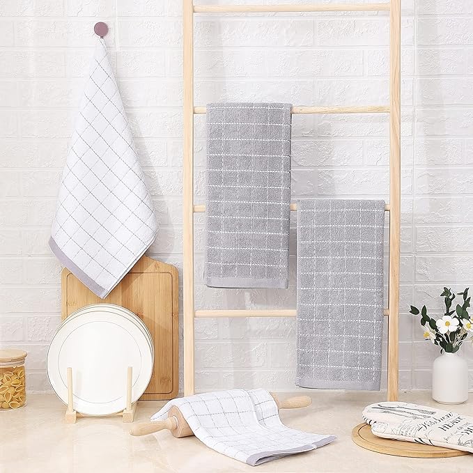 Homaxy 100% Cotton Terry Kitchen Towels(White and Light Grey, 13 x 28 Inches), Checkered Designed, Soft and Super Absorbent Dish Towels, 6 Pack