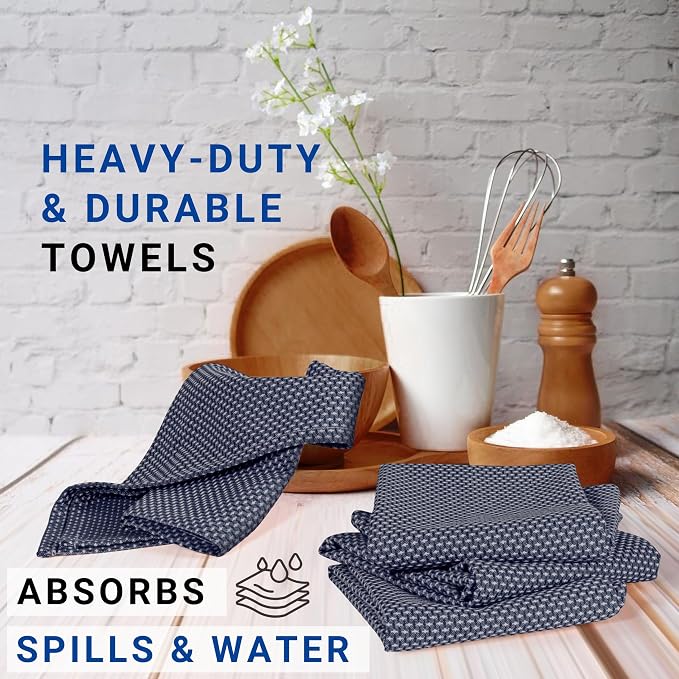 TWINY threads 4 Pack Kitchen Towels, 100% Cotton, 18x28 Inches, Highly Absorbent & Soft, Quick-Dry Dish Towel Set with Hanging Loop, Washcloth for Cleaning, Washable for Everyday Use - Navy Blue