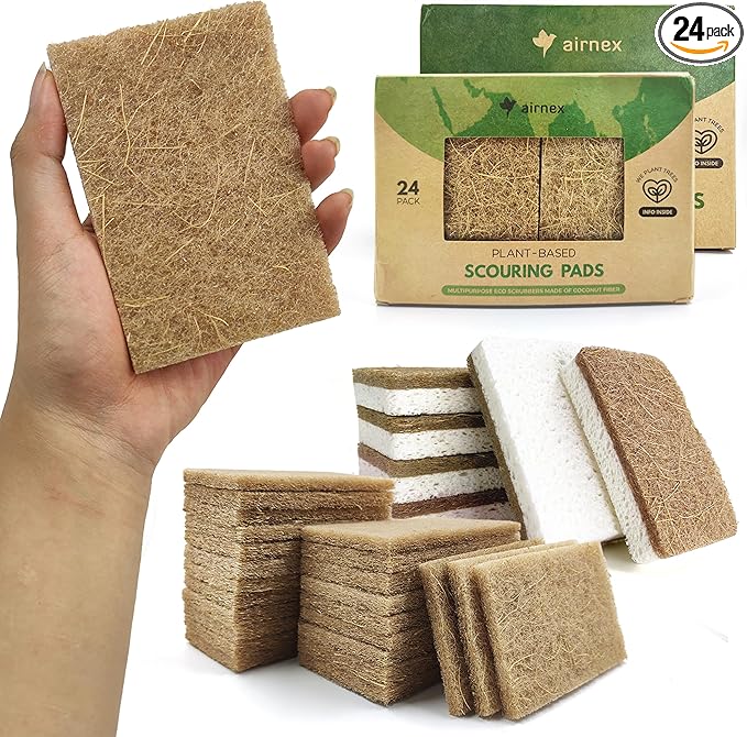 AIRNEX Pack of 24 Non Scratch Scouring Pads for Pots and Pans with Pack of 6 Rectangular Odor Free Natural Kitchen Sponges
