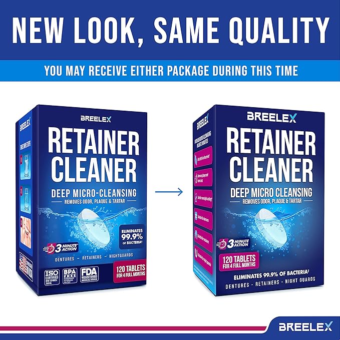 Breelex Denture Cleaning Tablets - 120 Count, Pack of 1-4-Month Supply & Denture Care - All-Purpose Retainer Cleaner Tablets - Gentle Formula for Mouth Guard Cleaner