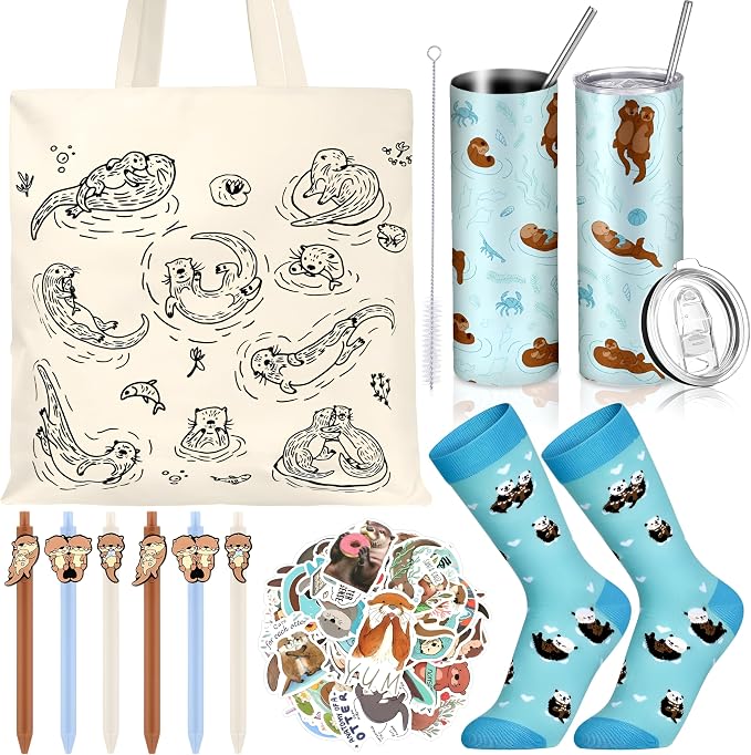 57 Pcs Sea Otter Gifts Set for Women 20 oz Tumbler Canvas Bag Pen Socks Stickers Otter Lover Stuff Accessories Gift for Christmas Mom Sister Friends Office School Birthday Party Supplies