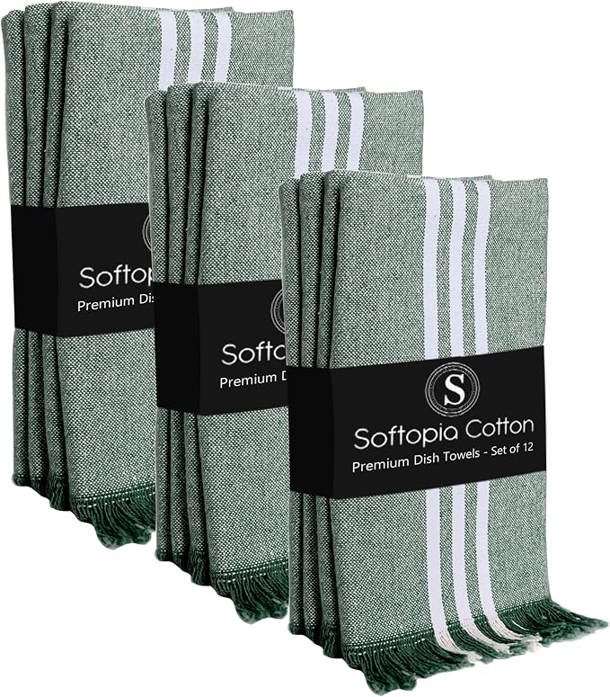 Stripe Kitchen Towels 12 Pack, 16x26 Inches, Cotton Dish Cloths, Absorbent Drying Rags, Reusable and Washable Tea Towels, Cleaning Cloths for Daily Kitchen Use - Forest Green