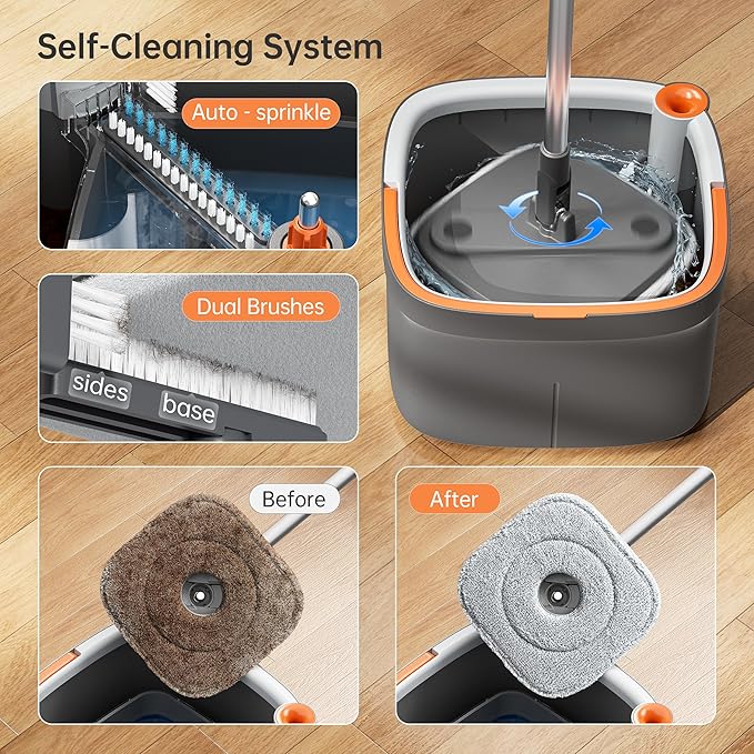 KZKR Spin Mop and Bucket Set with 2 Replaceable Microfiber Mop Pads with Self Separation Dirty and Clean Water System, Self Wringing 360° Rotating Square Mop Head for Hardwood Tile Marble Floors