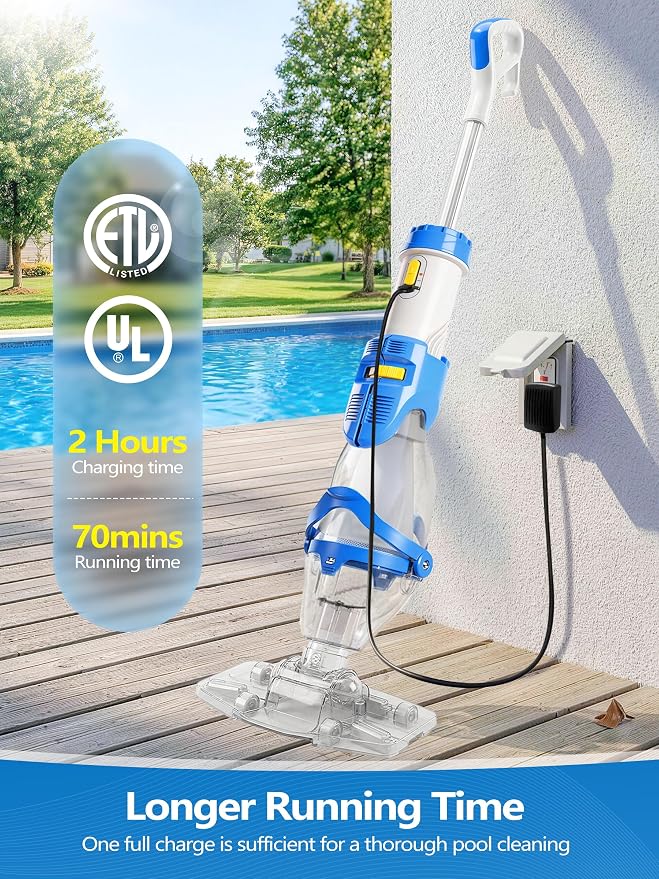 LanOcean Cordless Pool Vacuum for Inground Pool, Flow Adjustable, Transparent Brush Head–Visible Cleaning, 1140GPH Powerful Suction Handheld Pool Vacuum for Above Ground Pool, 70Mins Runtime-Blue