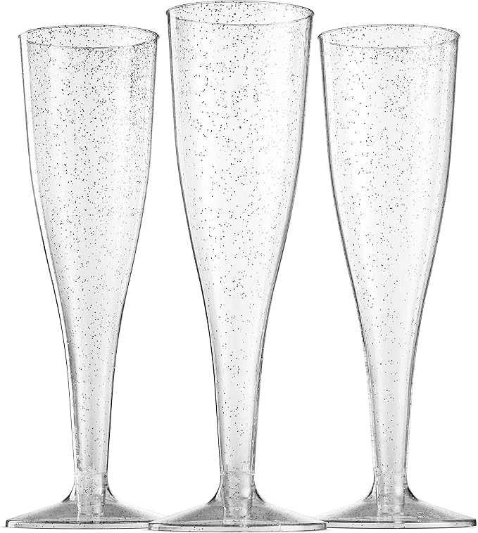 Munfix 100 Plastic Champagne Flutes - 5 Oz Disposable Silver Glitter Champagne Glasses for Parties, Mimosa Bar, Events, Wedding and Shower Party Supplies - Toasting Cocktail Cups