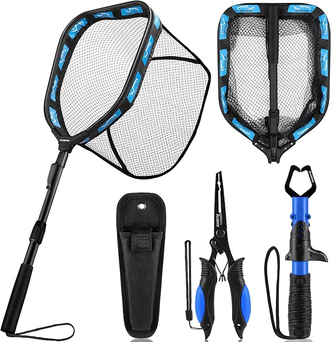 PLUSINNO Floating Fishing Net for Steelhead, Salmon, Fly, Kayak, Catfish, Bass, Trout Fishing, Rubber Coated Foldable Landing Net with Fixed or Telescoping Pole Handle, Fishing Gear and Gifts for Men