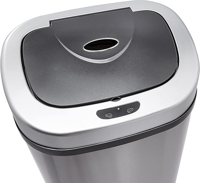 Amazon Basics Automatic Dual Compartment Trash Can with Lid, Hands-Free, Fingerprint Resistant, Odor Control, Stainless Steel, D-Shaped, 80 l, 2 Bins