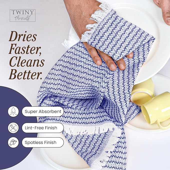 TWINY threads Kitchen Towel Chevron Pattern, Premium Large Kitchen Linen Set, 100% Cotton Wash Rags, Absorbent Quick Drying Cloths, Washable Reusable Multi Purpose, Set of 12, 16x26 Inch, Indigo Blue