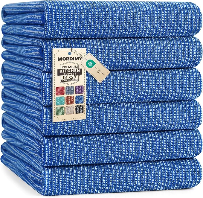 Mordimy Premium Kitchen Towels 6 Pack (18 x 28 Inches, Blueberry), Large Cotton Kitchen Hand Towel, Flat & Terry Dish Towels for Drying Dishes, Super Absorbent Tea Dishtowels Set with Hanging Loop