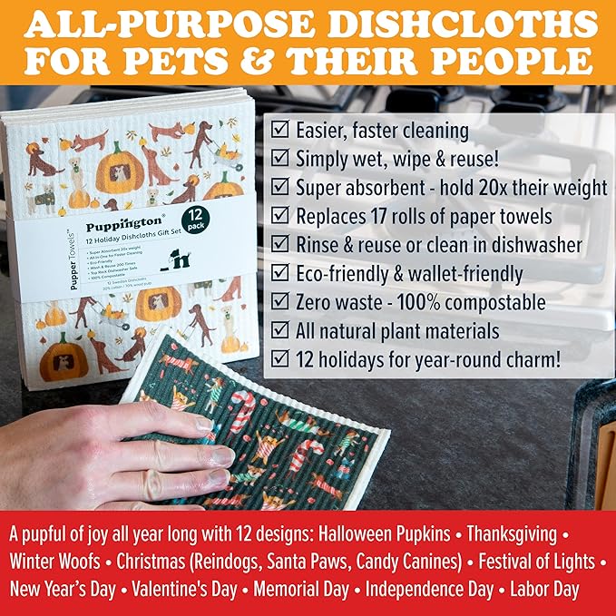 Puppington Pupper Towels - 12 Swedish Dishcloths for Kitchen Christmas Decor - Santa Claus Dog Kitchen Towels & Dish Cloths - Eco Friendly Gifts for Dog Lovers