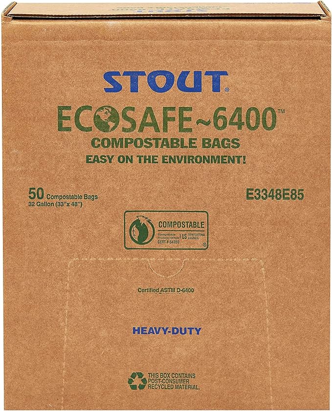 Stout by Envision Compostable Trash Bags, 32 Gallon 33" x 48", 50 Bags Per Case, ASTM6400, Green Bags, Made in America (E3348E85)