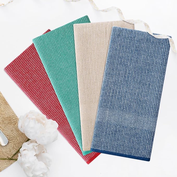 Homaxy Premium Kitchen Towels(18”x 28”, 3 Pack), Large Cotton Kitchen Hand Towels, Flat and Terry Dish Towels, 380 GSM Highly Absorbent Tea Towel Set with Hanging Loop, Navy Blue/Red/Green