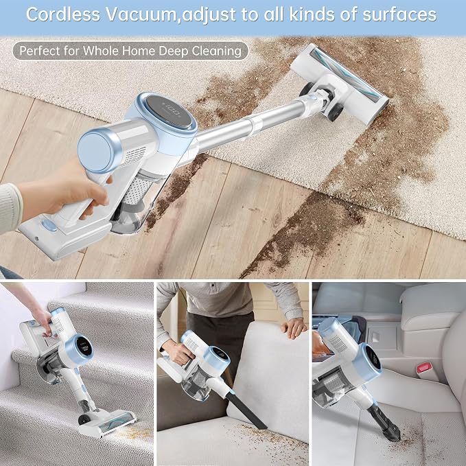 Cordless Vacuum Cleaner, 500W 45Kpa Vacuum Cleaners for Home, 6-in-1 Stick Vacuums with LED Touch Screen, Rechargeable Cordless Vacuums for Pet Hair Carpets Hard Floors, 1.0L Dust Cup