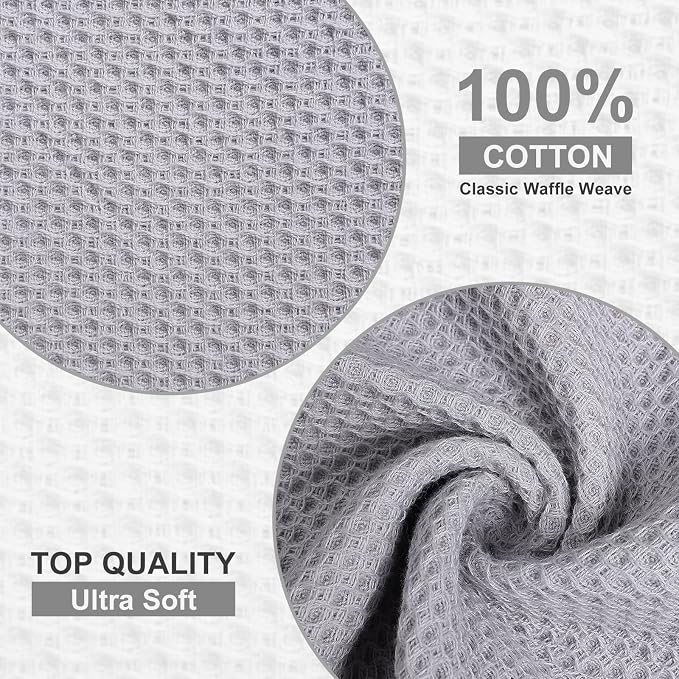 Kitinjoy 100% Cotton Kitchen Dish Cloths (12 X 12 Inches, Light Grey), 6 Pack Waffle Weave Ultra Soft Absorbent Dish Towels for Drying Dishes Quick Drying Kitchen Towels Dish Rags