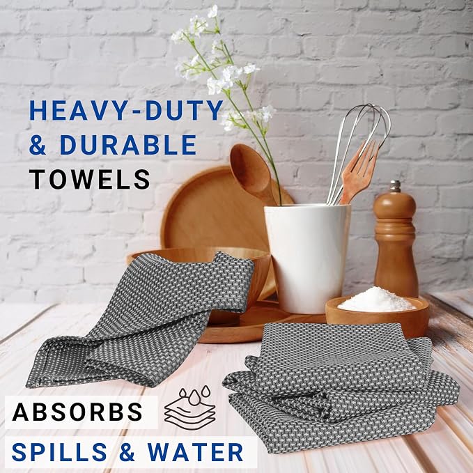 TWINY threads Dotted Weave Kitchen Towels Set of 4, 18x28 Inch, Soft & Absorbent Wash Cloths with Hanging Loop, Washable and Reusable Dishcloths for Cooking, Cleaning, Hand Towel - Grey