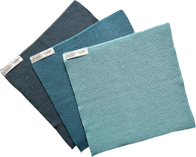 Solwang 3-Piece Danish Cotton Dishcloths in 100% Certified Organic Cotton Made in India (Azure Organic Combi)