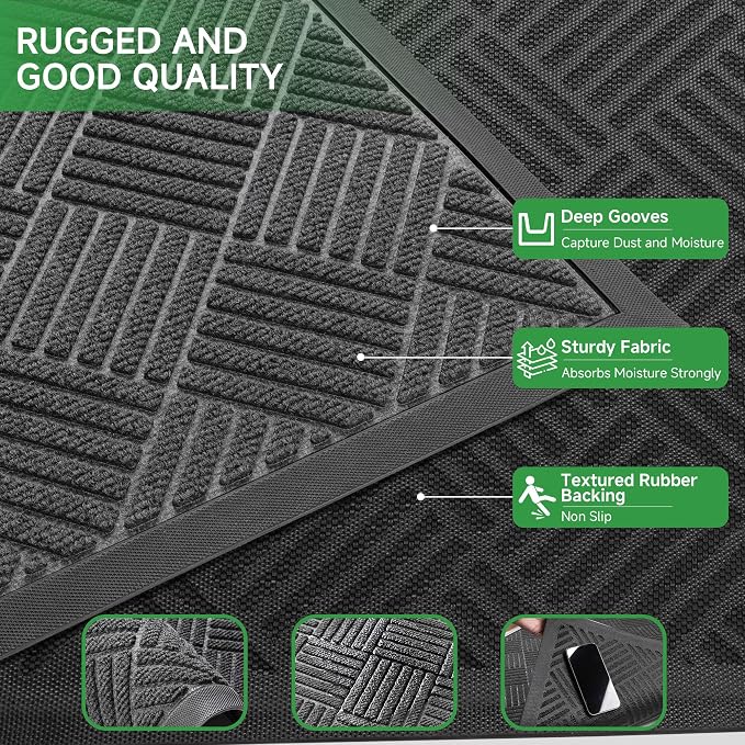 100pointONE Front Door Mat, Heavy Duty Indoor Outdoor Doormat, 48" x 24" Low Profile Outdoor Mats for Home Entrance, Stain and Fade Resistant Welcome Mat Ideal for High Traffic Area, Diamond Grey