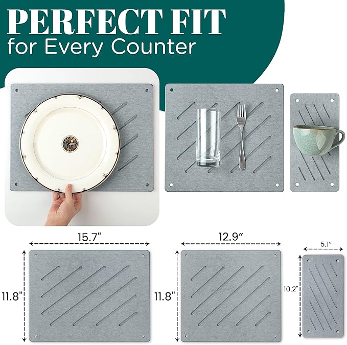Stone Dish Drying Mat – Quick Dry Kitchen Counter Mat, 3-Piece Set, Diatomaceous Earth Water Absorbing Mats with Non-Slip Backing & Airflow Legs