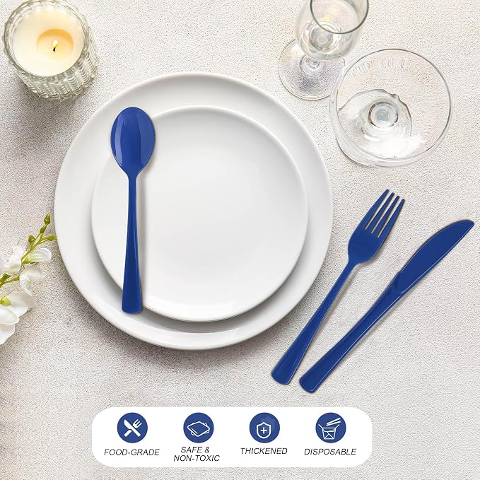 Kochorie 300 Pieces Graduation Dark Blue Plastic Silverware Heavy Duty Plastic Cutlery Set Heavyweight Disposable Flatware Includes Spoons Forks Knives for Birthday Party Prom Night Wedding Dinner