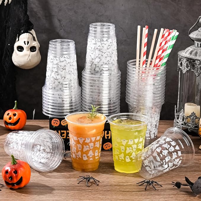 AimFun 50Pcs Summer Halloween Ghosts 12oz Clear Plastic Cups | White Black Ghosts, Disposable Party Cup, Summerween ,Cute Boo Spooky, for Candy Beverage Snacks Birthday Baby Shower