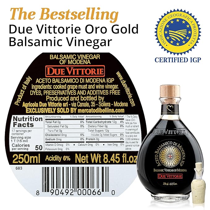 Due Vittorie Oro Gold, Barrel Aged Balsamic Vinegar of Modena IGP, All-Natural, Extra Dense Premium Vinegar Aceto Balsamico di Modena IGP Italy - 8.45fl oz / 250ml - Pack of 2