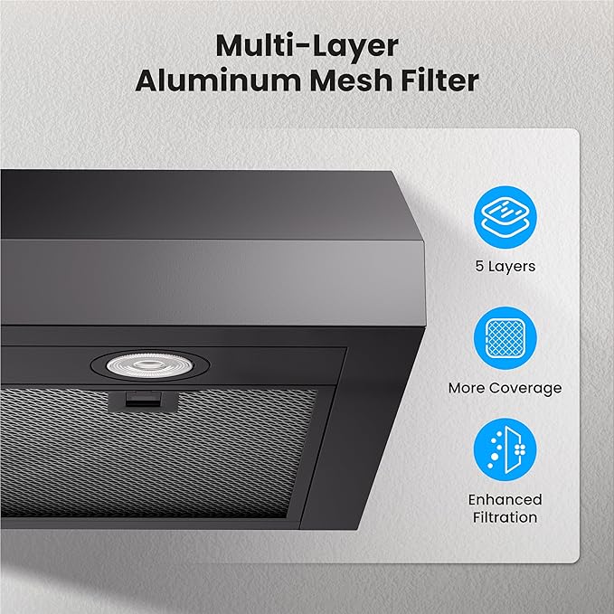 VIKIO HOME Under Cabinet Range Hood 36 Inch, 1200 CFM Dual-Motor Kitchen Vent with LED Lights, Button Control, Ducted Stainless Steel Vent Hood, Reusable 5-Layer Aluminum Filters, Black